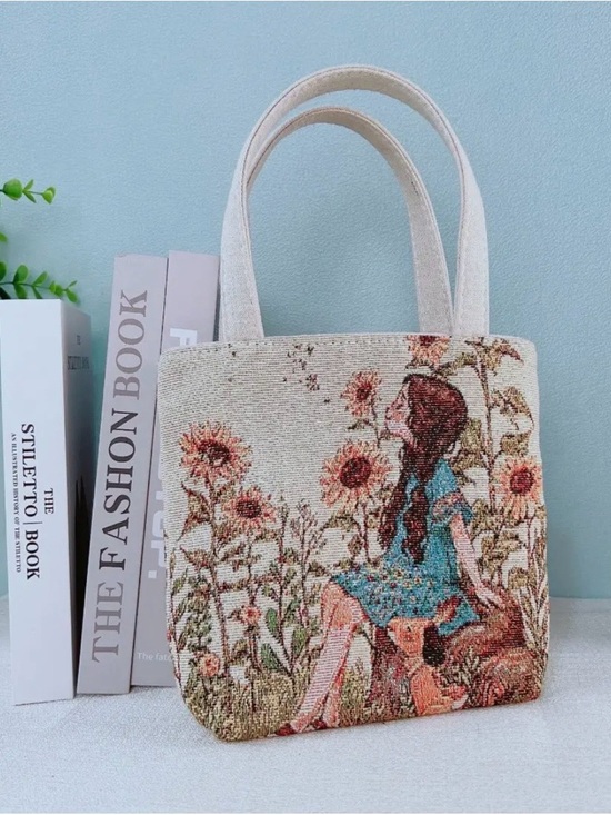 Handbags - Floral Girl Canvas Small Tote Bag in Beige -New-Boutique